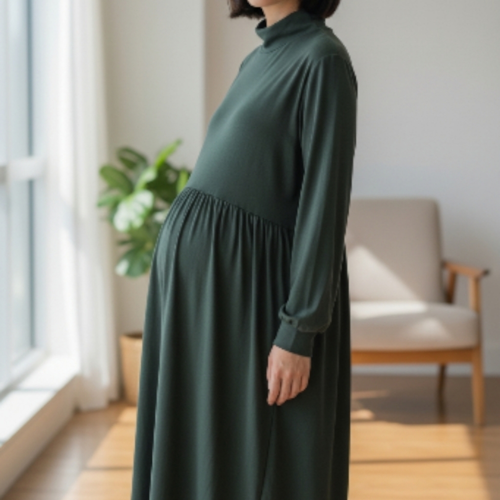 Chic Long Sleeve Maternity Dress in Forest Green